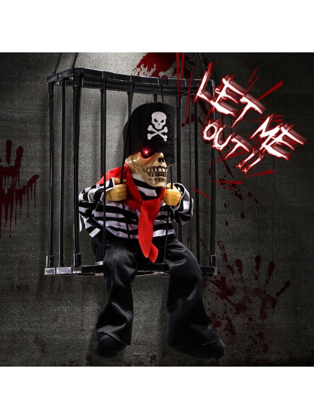Screaming Halloween Decoration Black Animated Clown Scary Skull Cage Prop Spooky